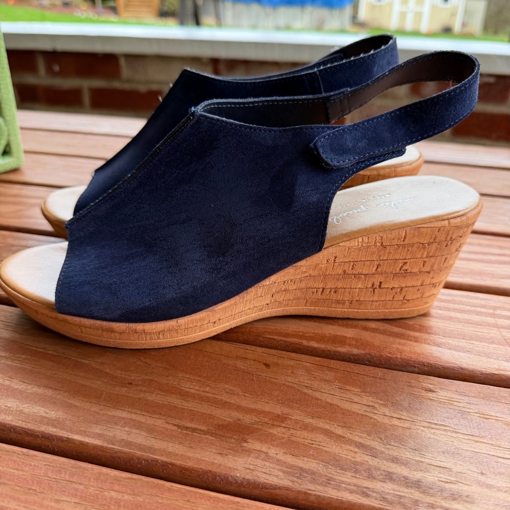Mila Paoli Navy Blue Leather Suede Slingback Wedge Sandals Made in Italy 8.5 - Picture 4 of 10